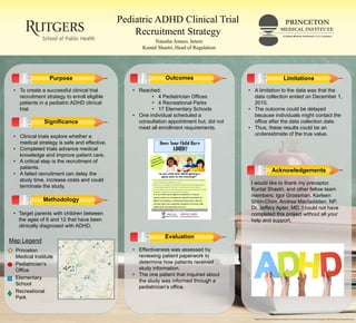 Pediatric ADHD Clinical Trial
Recruitment Strategy
PRINCETON
MEDICAL INSTITUTE
A Global Medical Institutes®, LLC Company
Natasha Amaro, Intern
Kuntal Shastri, Head of Regulation
Purpose
Significance
Outcomes
Evaluation
Acknowledgements
Methodology
• To create a successful clinical trial
recruitment strategy to enroll eligible
patients in a pediatric ADHD clinical
trial.
• Clinical trials explore whether a
medical strategy is safe and effective.
• Completed trials advance medical
knowledge and improve patient care.
• A critical step is the recruitment of
patients.
• A failed recruitment can delay the
study time, increase costs and could
terminate the study.
Princeton
Medical Institute
Elementary
School
Recreational
Park
Pediatrician’s
Office
Map Legend
• Target parents with children between
the ages of 6 and 12 that have been
clinically diagnosed with ADHD.
Background Photo Source: boletinboces.wordpress.com, ADHD Study Advertisement Source: Self-created , ADHD Photo Source: theconversation.com
• Reached:
• 4 Pediatrician Offices
• 4 Recreational Parks
• 17 Elementary Schools
• One individual scheduled a
consultation appointment but, did not
meet all enrollment requirements.
I would like to thank my preceptor,
Kuntal Shastri, and other fellow team
members: Igor Grossman, Karleen
Shim-Chim, Andrea Macfaddden, NP,
Dr. Jeffery Apter, MD. I could not have
completed this project without all your
help and support.
• Effectiveness was assessed by
reviewing patient paperwork to
determine how patients received
study information.
• The one patient that inquired about
the study was informed through a
pediatrician’s office.
Limitations
• A limitation to the data was that the
data collection ended on December 1,
2015.
• The outcome could be delayed
because individuals might contact the
office after the data collection date.
• Thus, these results could be an
underestimate of the true value.
 