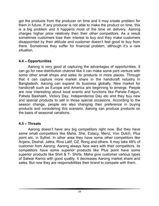 24
got the products from the producer on time and it may create problem for
them in future. If any producer is not able to make the product on time, this
is a big problem and it happens most of the time on delivery. Aarong
charges higher price relatively then their other competitors. As a result
sometimes customers lose their interest to buy and they make customers
disappointed by their attitude and customer doesn‟t feel good to buy from
there. Sometimes they suffer for financial problem, although it‟s a rare
situation.
4.4 – Opportunities
Aarong is very good at capturing the advantages of opportunities. It
can go for new distribution channel like it can make some joint venture with
some other small shops and sales its products in more places. Through
that it can capture more market share in the handicraft industry in
Bangladesh. Aarong can expand its business globally. New market for
handicraft such as Europe and America are beginning to emerge. People
are now interesting about local events and functions like Pahela Falgun,
Pahela Baishakh, Victory Day, Independence Day etc and they buy new
and special products to sell in those special occasions. According to the
season change, people are also changing their preference in buying
products and considering this scenario. Aarong can produce products on
the basis of seasonal variations.
4.5 – Threats
Aarong doesn‟t have any big competitors right now. But they have
some small competitors like Maha, She, Estacy, Menz, Von Dutch, Plus
point etc. in Sylhet. In other area they have some other competitors like
Anjans, Deshal, Jattra, Rina Latif, OZ, Rong and others. It may take 48% of
customer from Aarong. Aarong always face wars with their competitors, its
competitors have some superior products like Plus point have some
superior products like Shirt & T- Shirts. Maha give customer various types
of Salwar Kamiz with good quality. It decreases Aarong market share and
sales. But now they are responsibilities their brand to compete with them.
 