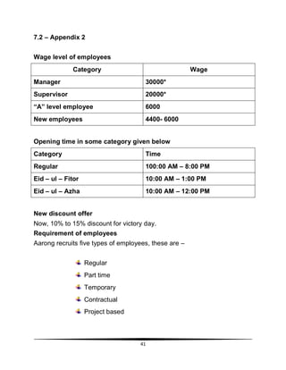 41
7.2 – Appendix 2
Wage level of employees
Category Wage
Manager 30000*
Supervisor 20000*
“A” level employee 6000
New employees 4400- 6000
Opening time in some category given below
Category Time
Regular 100:00 AM – 8:00 PM
Eid – ul – Fitor 10:00 AM – 1:00 PM
Eid – ul – Azha 10:00 AM – 12:00 PM
New discount offer
Now, 10% to 15% discount for victory day.
Requirement of employees
Aarong recruits five types of employees, these are –
Regular
Part time
Temporary
Contractual
Project based
 