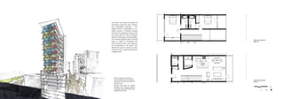 Typical residential
floor 01
Typical residential
floor 02
N
10’5’
The tower was meant to activate its
previously unused site with a diverse
and sympathetic approach. The
design process incorporated an in-
depth research of forecast housing
needs for the following 30 years; this
was done with the City of Portland
Bureau of Planning and Sustainability.
The research guided which housing
types, in regard to household size
and economic status, were going to
be incorporated in the tower. This
allowed the tower to welcome a wide
variety of users, overall enriching the
neighborhood.
[LEFT]: I decided to make two
story dwelling units to maximize
view (green & blue) and minimize
hallways (red).
[RIGHT]: Floor plans of a typical
dwelling unit. I watned to explore
having two story dewllings to give
daylight to all rooms.
 
