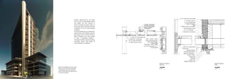 Another requirement for the studio
was to aim for a sustainability ranking.
The design was very cautious in
terms of energy and water usage, to
such extent that it achieved the Petal
Certification from the Living Building
Challenge.
The Petal Certification was achieved by
implementing water filtration systems,
solar panels and an overall conscious
effort throughout the entire design
to make a sustainable building –
orientation, setbacks, general massing,
materiality choices, and studies of
casted shadows on neighbors.
[LEFT]: The building is set back at the
busiest corner of the site to provide
a small plaza, this is also where the
water conduit meets the ground; this
is a node of activities.
8” Round Steel Column
8” x 4” HSS cross beam
L 4x4x7/16” connection
L 3x3x1/4” connection Hex
Curtain wall System
Gravity connection
8” x 4” HSS outriger
Metal Canopy
4’ Catwalk
W18 wide Flange
Curtain Wall
Solid curtain panel
where HSS penetrates
Vierendeel truss made
w/ 8”x4” HSS web 4’ o.c.
10’ Nanawall
1” x 9” reclaimed cedar siding
3” concrete slab on
3 1/2” metal decking
6” Rigid insulation
6” Metal stud w/ insulation
Thermal break on HSS
w/ 1/2” steel plate
L 4x4x7/16” lateral wind
connection
Section C6x8.2
Moisture Barrier
USGDensglasexterior
gypsum sheathing
Siding Clips
Flashing
Cedar Trim
Sealant & backer rod
L 1/2x2x3/8” connetcion
WRB
Detail of window
head
2” 1’ 2’
Detail of canopy at
entrance
2” 1’ 2’
 