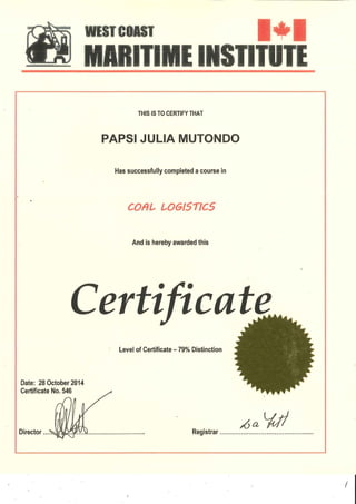 Certificado da West Coast Maritime - Coal Logistic