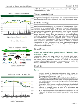 UOIG 7
University of Oregon Investment Group February 12, 2016
a CPA. He has held many senior financial positions within public and private
companies for over 15 years.
Management Guidance
Management does not provide any guidance on their future financial performance.
They do provide current contractual backlog at the end of each financial period.
Portfolio Strategy
Argan is not currently held in any of the University of Oregon Investment Group’s
portfolios. At the moment, the Tall Firs portfolio is extremely underweight in
IME and in-line for small cap. While we are in-line small cap, Tall Firs currently
holds a lot of cash, which would be best deployed by adding Argan to its holdings.
The DADCO portfolio currently has a considerable amount of energy exposure
with its holdings of MasTec, Alcoa, and SolarCity, but all of these have been
performing very poorly on the year. Argan’s large undervaluation would provide
the positive return the portfolio so desperately needs. Finally, the Alumni
portfolio only has two holdings, which make up 8% of the portfolio with the rest
being cash/tracker. Because the Alumni portfolio is looking for small-cap
companies that are highly undervalued, Argan would be a great addition with its
high future revenue growth, its huge cash balance, and the current undervaluation
from the overall market decline.
Recent News
Argan, Inc. Reports Third Quarter Results – Business Wire–
December 10, 2015
Argan recently reported third quarter results for their fiscal year ending January
31, 2016. They posted revenues of $114 million, implying a growth of 17% from
the previous quarter. Gross profit decreased $2.2 million to $26.3 million
compared to the second quarter mostly due to lower margins on the four new GPS
projects. Management also announced a backlog of $1.2 billion.
Catalysts
Upside
 Increased demand for cleaner energy production plants will lead to a
greater number of plant construction projects, driving Argan’s revenue
growth and contractual backlog levels.
 An aging United States energy production infrastructure will call for the
renovation or phasing out of current energy production plants, which will
lead to many new and consistent project opportunities for the company
and its subsidiaries.
 Argan will be able to continue its market position in the Marcellus Shale
Region and receive large revenue streams through the maintenance and
operation of finished projects, as well as the construction and
procurement of new facilities.
 As oil and natural gas prices begin to rebound in the first half of the year
Argan will see a huge improvement in their already strong revenue
streams.
Figure 15: AGX One-Year Stock Chart
Source: Yahoo Finance
Figure 17: MYRG One-Year Stock Chart
Source: Yahoo Finance
One-Year Stock Chart
0
100000
200000
300000
400000
500000
600000
700000
800000
900000
$0.00
$5.00
$10.00
$15.00
$20.00
$25.00
$30.00
$35.00
$40.00
$45.00
Feb-15 Apr-15 Jun-15 Aug-15 Oct-15 Dec-15 Feb-16
Volume Adj Close 50-Day Avg 200-Day Avg
One-Year Stock Chart
0
500000
1000000
1500000
2000000
2500000
3000000
$0.00
$5.00
$10.00
$15.00
$20.00
$25.00
$30.00
$35.00
Feb-15 Apr-15 Jun-15 Aug-15 Oct-15 Dec-15
Volume Adj Close 50-Day Avg 200-Day Avg
Figure 16: Competitive Landscape
Source: Argan Website
 