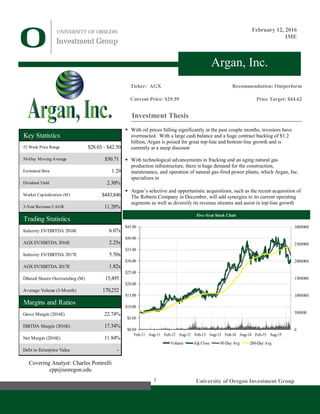 1 University of Oregon Investment Group
Covering Analyst: Charles Pontrelli
cpp@uoregon.edu
February 12, 2016
IME
Investment Thesis
 With oil prices falling significantly in the past couple months, investors have
overreacted. With a large cash balance and a huge contract backlog of $1.2
billion, Argan is poised for great top-line and bottom-line growth and is
currently at a steep discount
 With technological advancements in fracking and an aging natural gas
production infrastructure, there is huge demand for the construction,
maintenance, and operation of natural gas-fired power plants, which Argan, Inc.
specializes in
 Argan’s selective and opportunistic acquisitions, such as the recent acquisition of
The Roberts Company in December, will add synergies to its current operating
segments as well as diversify its revenue streams and assist in top-line growth
Argan, Inc.
Ticker: AGX
Current Price: $29.59
Recommendation: Outperform
Price Target: $44.62
Five-Year Stock Chart
0
500000
1000000
1500000
2000000
2500000
3000000
$0.00
$5.00
$10.00
$15.00
$20.00
$25.00
$30.00
$35.00
$40.00
$45.00
Feb-11 Aug-11 Feb-12 Aug-12 Feb-13 Aug-13 Feb-14 Aug-14 Feb-15 Aug-15
Volume Adj Close 50-Day Avg 200-Day Avg
Key Statistics
52 Week Price Range $28.03 - $42.50
50-Day Moving Average $30.71
Estimated Beta 1.29
Dividend Yield 2.30%
Market Capitalization (M) $443,846
3-Year Revenue CAGR 11.20%
Trading Statistics
Industry EV/EBITDA 2016E 6.07x
AGX EV/EBITDA 2016E 2.25x
Industry EV/EBITDA 2017E 5.50x
AGX EV/EBITDA 2017E 1.82x
Diluted Shares Outstanding (M) 15,495
Average Volume (3-Month) 170,252
Margins and Ratios
Gross Margin (2016E) 22.74%
EBITDA Margin (2016E) 17.34%
Net Margin (2016E) 11.84%
Debt to Enterprise Value -
 