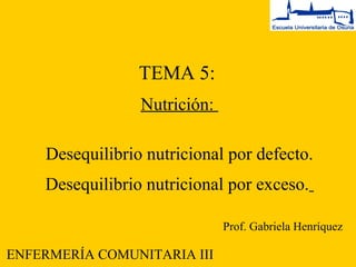 TEMA 5:
                 Nutrición:

    Desequilibrio nutricional por defecto.
    Desequilibrio nutricional por exceso.

                              Prof. Gabriela Henríquez

ENFERMERÍA COMUNITARIA III
 