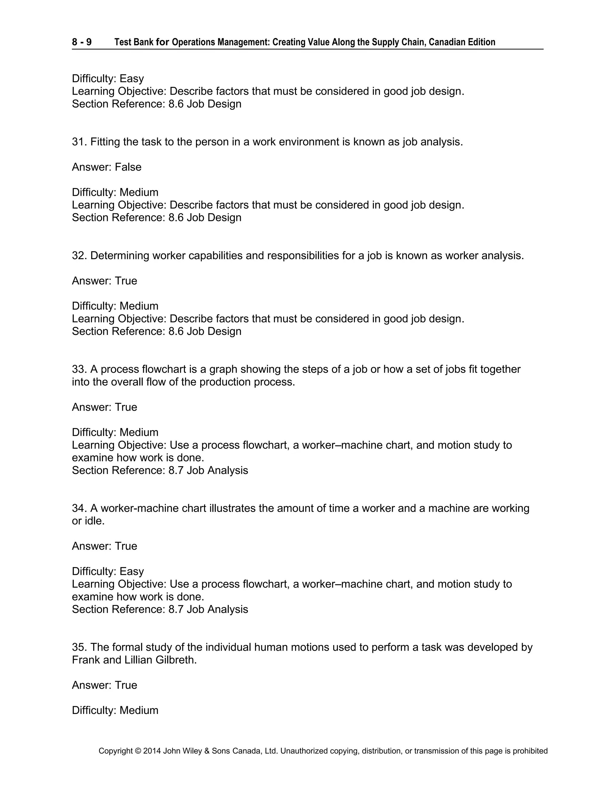 8 - 9 Test Bank for Operations Management: Creating Value Along the Supply Chain, Canadian Edition
Copyright © 2014 John Wiley & Sons Canada, Ltd. Unauthorized copying, distribution, or transmission of this page is prohibited
Difficulty: Easy
Learning Objective: Describe factors that must be considered in good job design.
Section Reference: 8.6 Job Design
31. Fitting the task to the person in a work environment is known as job analysis.
Answer: False
Difficulty: Medium
Learning Objective: Describe factors that must be considered in good job design.
Section Reference: 8.6 Job Design
32. Determining worker capabilities and responsibilities for a job is known as worker analysis.
Answer: True
Difficulty: Medium
Learning Objective: Describe factors that must be considered in good job design.
Section Reference: 8.6 Job Design
33. A process flowchart is a graph showing the steps of a job or how a set of jobs fit together
into the overall flow of the production process.
Answer: True
Difficulty: Medium
Learning Objective: Use a process flowchart, a worker–machine chart, and motion study to
examine how work is done.
Section Reference: 8.7 Job Analysis
34. A worker-machine chart illustrates the amount of time a worker and a machine are working
or idle.
Answer: True
Difficulty: Easy
Learning Objective: Use a process flowchart, a worker–machine chart, and motion study to
examine how work is done.
Section Reference: 8.7 Job Analysis
35. The formal study of the individual human motions used to perform a task was developed by
Frank and Lillian Gilbreth.
Answer: True
Difficulty: Medium
 