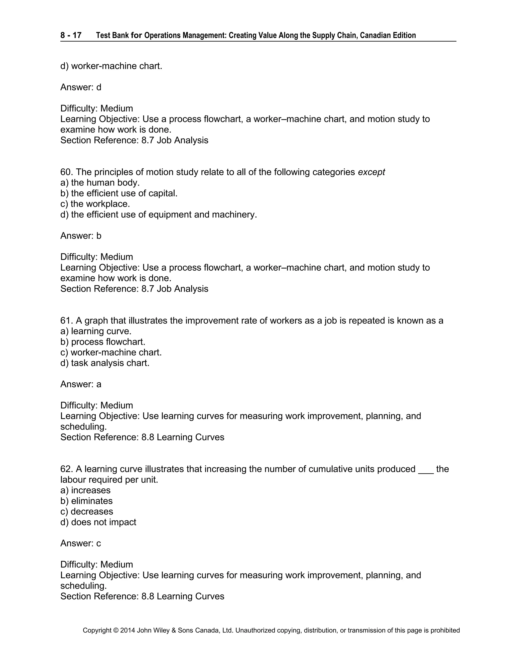 8 - 17 Test Bank for Operations Management: Creating Value Along the Supply Chain, Canadian Edition
Copyright © 2014 John Wiley & Sons Canada, Ltd. Unauthorized copying, distribution, or transmission of this page is prohibited
d) worker-machine chart.
Answer: d
Difficulty: Medium
Learning Objective: Use a process flowchart, a worker–machine chart, and motion study to
examine how work is done.
Section Reference: 8.7 Job Analysis
60. The principles of motion study relate to all of the following categories except
a) the human body.
b) the efficient use of capital.
c) the workplace.
d) the efficient use of equipment and machinery.
Answer: b
Difficulty: Medium
Learning Objective: Use a process flowchart, a worker–machine chart, and motion study to
examine how work is done.
Section Reference: 8.7 Job Analysis
61. A graph that illustrates the improvement rate of workers as a job is repeated is known as a
a) learning curve.
b) process flowchart.
c) worker-machine chart.
d) task analysis chart.
Answer: a
Difficulty: Medium
Learning Objective: Use learning curves for measuring work improvement, planning, and
scheduling.
Section Reference: 8.8 Learning Curves
62. A learning curve illustrates that increasing the number of cumulative units produced ___ the
labour required per unit.
a) increases
b) eliminates
c) decreases
d) does not impact
Answer: c
Difficulty: Medium
Learning Objective: Use learning curves for measuring work improvement, planning, and
scheduling.
Section Reference: 8.8 Learning Curves
 