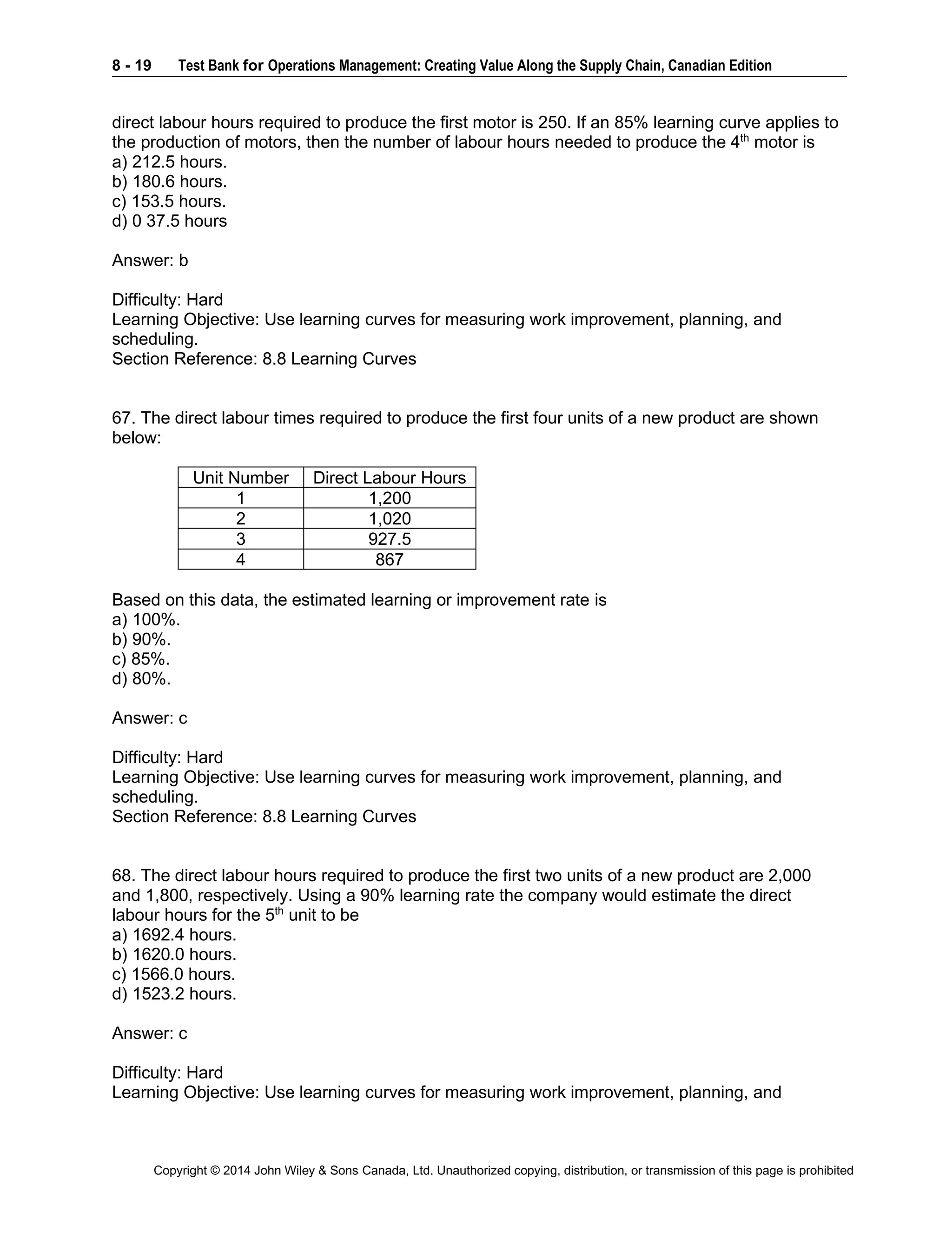 8 - 19 Test Bank for Operations Management: Creating Value Along the Supply Chain, Canadian Edition
Copyright © 2014 John Wiley & Sons Canada, Ltd. Unauthorized copying, distribution, or transmission of this page is prohibited
direct labour hours required to produce the first motor is 250. If an 85% learning curve applies to
the production of motors, then the number of labour hours needed to produce the 4th
motor is
a) 212.5 hours.
b) 180.6 hours.
c) 153.5 hours.
d) 0 37.5 hours
Answer: b
Difficulty: Hard
Learning Objective: Use learning curves for measuring work improvement, planning, and
scheduling.
Section Reference: 8.8 Learning Curves
67. The direct labour times required to produce the first four units of a new product are shown
below:
Unit Number Direct Labour Hours
1 1,200
2 1,020
3 927.5
4 867
Based on this data, the estimated learning or improvement rate is
a) 100%.
b) 90%.
c) 85%.
d) 80%.
Answer: c
Difficulty: Hard
Learning Objective: Use learning curves for measuring work improvement, planning, and
scheduling.
Section Reference: 8.8 Learning Curves
68. The direct labour hours required to produce the first two units of a new product are 2,000
and 1,800, respectively. Using a 90% learning rate the company would estimate the direct
labour hours for the 5th
unit to be
a) 1692.4 hours.
b) 1620.0 hours.
c) 1566.0 hours.
d) 1523.2 hours.
Answer: c
Difficulty: Hard
Learning Objective: Use learning curves for measuring work improvement, planning, and
 