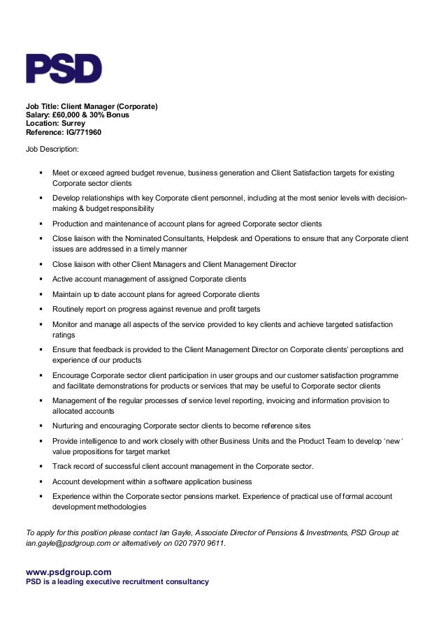 client manager ian gayle client manager job description