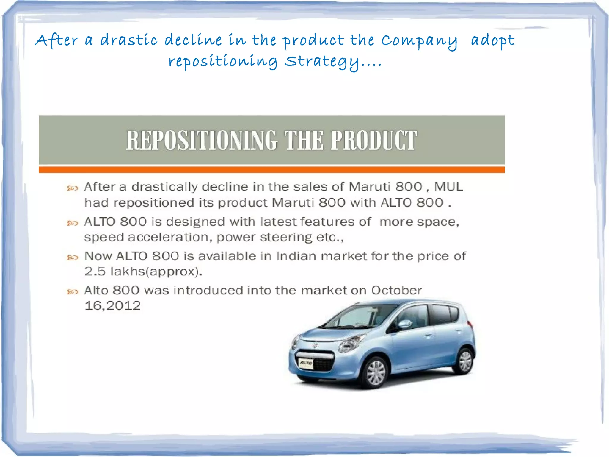 After a drastic decline in the product the Company adopt
repositioning Strategy....
 