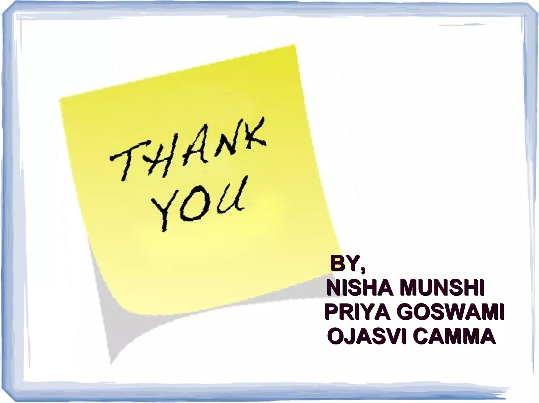 BY,BY,
NISHA MUNSHINISHA MUNSHI
PRIYA GOSWAMIPRIYA GOSWAMI
OJASVI CAMMAOJASVI CAMMA
 