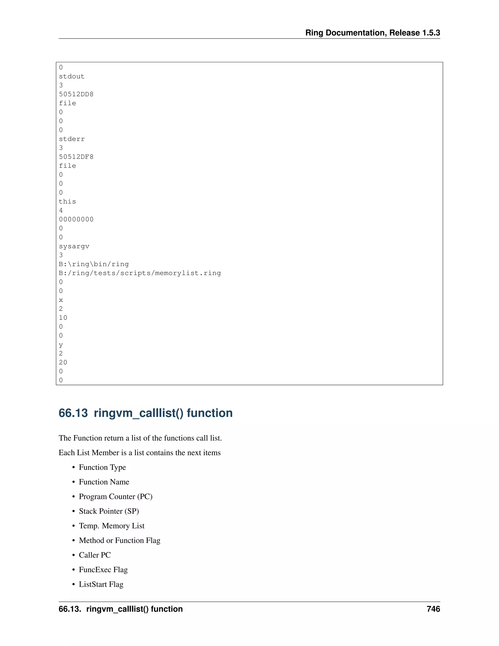 Ring Documentation, Release 1.5.3
0
stdout
3
50512DD8
file
0
0
0
stderr
3
50512DF8
file
0
0
0
this
4
00000000
0
0
sysargv
3
B:ringbin/ring
B:/ring/tests/scripts/memorylist.ring
0
0
x
2
10
0
0
y
2
20
0
0
66.13 ringvm_calllist() function
The Function return a list of the functions call list.
Each List Member is a list contains the next items
• Function Type
• Function Name
• Program Counter (PC)
• Stack Pointer (SP)
• Temp. Memory List
• Method or Function Flag
• Caller PC
• FuncExec Flag
• ListStart Flag
66.13. ringvm_calllist() function 746
 