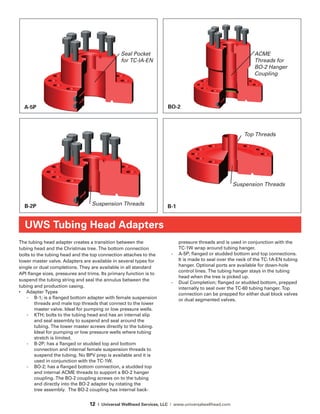 12 | Universal Wellhead Services, LLC | www.universalwellhead.com
The tubing head adapter creates a transition between the
tubing head and the Christmas tree. The bottom connection
bolts to the tubing head and the top connection attaches to the
lower master valve. Adapters are available in several types for
single or dual completions. They are available in all standard
API flange sizes, pressures and trims. Its primary function is to
suspend the tubing string and seal the annulus between the
tubing and production casing.
•	 Adapter Types
-	 B-1; is a flanged bottom adapter with female suspension
threads and male top threads that connect to the lower
master valve. Ideal for pumping or low pressure wells.
-	 KTH; bolts to the tubing head and has an internal slip
and seal assembly to suspend and seal around the
tubing. The lower master screws directly to the tubing.
Ideal for pumping or low pressure wells where tubing
stretch is limited.
-	 B-2P; has a flanged or studded top and bottom
connection and internal female suspension threads to
suspend the tubing. No BPV prep is available and it is
used in conjunction with the TC-1W.
-	 BO-2; has a flanged bottom connection, a studded top
and internal ACME threads to support a BO-2 hanger
coupling. The BO-2 coupling screws on to the tubing
and directly into the BO-2 adapter by rotating the
tree assembly. The BO-2 coupling has internal back-
pressure threads and is used in conjunction with the
TC-1W wrap around tubing hanger.
-	 A-5P; flanged or studded bottom and top connections.
It is made to seal over the neck of the TC-1A-EN tubing
hanger. Optional ports are available for down-hole
control lines. The tubing hanger stays in the tubing
head when the tree is picked up.
-	 Dual Completion; flanged or studded bottom, prepped
internally to seal over the TC-60 tubing hanger. Top
connection can be prepped for either dual block valves
or dual segmented valves.
UWS Tubing Head Adapters
B-1
Top Threads
Suspension Threads
A-5P
Seal Pocket
for TC-IA-EN
B-2P Suspension Threads
BO-2
ACME
Threads for
BO-2 Hanger
Coupling
 