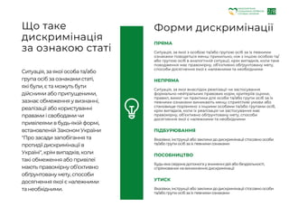Ситуація, за якої особа та/або
група осіб за ознаками статі,
які були, є та можуть бути
дійсними або припущеними,
зазнає обмеження у визнанні,
реалізації або користуванні
правами і свободами чи
привілеями в будь-якій формі,
встановленій Законом України
"Про засади запобігання та
протидії дискримінації в
Україні", крім випадків, коли
такі обмеження або привілеї
мають правомірну об’єктивно
обґрунтовану мету, способи
досягнення якої є належними
та необхідними.
ПРЯМА
Ситуація, за якої з особою та/або групою осіб за їх певними
ознаками поводяться менш прихильно, ніж з іншою особою та/
або групою осіб в аналогічній ситуації, крім випадків, коли таке
поводження має правомірну, об’єктивно обґрунтовану мету,
способи досягнення якої є належними та необхідними
НЕПРЯМА
Ситуація, за якої внаслідок реалізації чи застосування
формально нейтральних правових норм, критеріїв оцінки,
правил, вимог чи практики для особи та/або групи осіб за їх
певними ознаками виникають менш сприятливі умови або
становище порівняно з іншими особами та/або групами осіб,
крім випадків, коли їх реалізація чи застосування має
правомірну, об’єктивно обґрунтовану мету, способи
досягнення якої є належними та необхідними
ПІДБУРЮВАННЯ
Вказівки, інструкції або заклики до дискримінації стосовно особи
та/або групи осіб за їх певними ознаками
ПОСОБНИЦТВО
Будь-яка свідома допомога у вчиненні дій або бездіяльності,
спрямованих на виникнення дискримінації
УТИСК
Вказівки, інструкції або заклики до дискримінації стосовно особи
та/або групи осіб за їх певними ознаками
2/8
Що таке
дискримінація
за ознакою статі
Форми диск﻿
римінації
НАЦІОНАЛЬНА
СОЦІАЛЬНА СЕРВІСНА
СЛУЖБА УКРАЇНИ
 