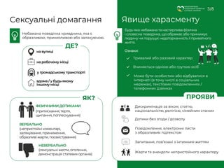 Небажана поведінка кривдника, яка є
образливою, принизливою або залякуючою.
3/8
Сексуальні домагання
ДЕ?
на вулиці
на робочому місці
у громадському транспорті
вдома / у будь-якому
іншому місці
ЯК?
ФІЗИЧНИМИ ДОТИКАМИ
(притискання, тертя,
щипання, поплескування)
ВЕРБАЛЬНО
(непристойні коментарі,
залякування, приниження,
образливі жарти, посвистування)
НЕВЕРБАЛЬНО
(сексуальні жести, оголення,
демонстрація статевих органів)
Явище харасменту
Будь-яка небажана та настирлива фізична
і словесна поведінка, що ображає або принижує
людину чи порушує недоторканність її приватного
життя.
Ознаки:
Вчиняється однією або групою осіб
Може бути особистим або відбуватися в
Інтернеті (в тому числі в соціальних
мережах), текстових повідомленнях /
телефонних дзвінках
Тривалий або разовий характер
Жарти та анекдоти непристойного характеру
Дотики без згоди / дозволу
Повідомлення, електронні листи
з образливим підтекстом
Запитання, пов’язані з інтимним життям
Дискримінація за віком, статтю,
національністю, релігією, сімейним станом
ПРОЯВИ
НАЦІОНАЛЬНА
СОЦІАЛЬНА СЕРВІСНА
СЛУЖБА УКРАЇНИ
 