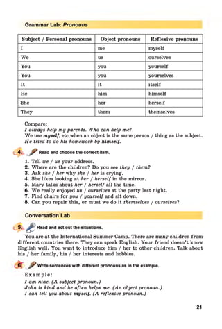 Grammar Lab: Pronouns
Subject / Personal pronouns Object pronouns Reflexive pronouns
I me myself
We us ourselves
You you yourself
You you yourselves
It it itself
He him himself
She her herself
They them themselves
Compare:
I always help my parents. Who can help me?
W e use myself, etc when an object is the same person / thing as the subject.
He tried to do his homework by himself.
Read and choose the correct item.
1. Tell we / us your address.
2. Where are the children? Do you see they / them?
3. Ask she / her why she / her is crying.
4. She likes looking at her / herself in the mirror.
5. Mary talks about her / herself all the time.
6. W e really enjoyed us / ourselves at the party last night.
7. Find chairs for you / yourself and sit down.
8. Can you repair this, or must we do it themselves / ourselves?
Conversation Lab
Read and act out the situations.
You are at the International Summer Camp. There are many children from
different countries there. They can speak English. Your friend doesn’t know
English well. You want to introduce him / her to other children. Talk about
his / her family, his / her interests and hobbies.
Write sentences with different pronouns as in the example.
E x a m p l e :
I am nine. (A subject pronoun.)
John is kind and he often helps me. (An object pronoun.)
I can tell you about myself. (A reflexive pronoun.)
21
 