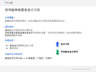 Google Confidential and Proprietary
尽可能争取更多点击次数
工作原理：
在您选择的预算范围内，自动设置出价以帮助您争取最多的点击。
何时使用：
提高点击次数是您的主要目标
您希望最大程度地增加某些字词获得的流量，同时将支出控制在一定的金额范围内
希望达到目标预算
设置选项：
● 每次点击费用的出价上限
● 目标支出
与自动出价的区别：
灵活选择应用对象——广告系列、广告组、关键字
点击次数
平均每次点击费用
 