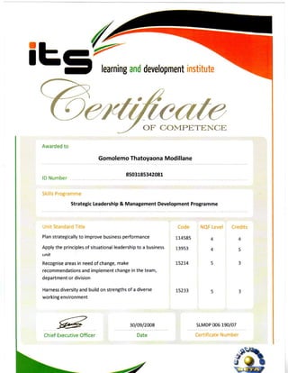 learning and development institute
OF COMPETENCE
Awarded to
Gomolemo Thatoyaona Modillane
ID Number
8503185342081
Skills Programme
Strategic Leadership & Management Development Programme
Unit Standard Title Code NQF Level Credits
Plan strategicallyto improve business performance 114585 4 4
Apply the principles of situational leadership to a business 13953
unit
Recognise areas in need of change,make 15214
recommendations and implement change in the team,
department or division
Harness diversity and build on strengths of adiverse
working environment
15233
4
5
5
3
Chief Executive Officer
30/09/2008
Date
SLMDP 006 190/07
Certificate Number
 