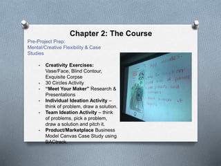 Chapter 2: The Course
Pre-Project Prep:
Mental/Creative Flexibility & Case
Studies
- Creativity Exercises:
Vase/Face, Blin...