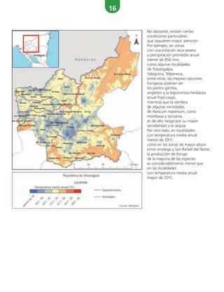 16
No obstante, existen ciertas
condiciones particulares
que requieren mayor atención.
Por ejemplo, en zonas
con una estación seca severa
y precipitación promedio anual
menor de 850 mm,
como algunas localidades
de Tototogalpa,
Yalagüina, Telpaneca,
entre otras, las mejores opciones
forrajeras podrían ser
los pastos gamba,
angleton y la leguminosa herbácea
anual frijol caupí,
mientras que la siembra
de algunas variedades
de Panicum máximum, como
mombasa y tanzania,
es de alto riesgo por su mayor
sensibilidad a la sequía.
Por otro lado, en localidades
con temperatura media anual
menor de 20o
C,
como en las zonas de mayor altura
entre Jinotega y San Rafael del Norte,
la producción de forraje
de la mayoría de las especies
es considerablemente menor que
en las localidades
con temperatura media anual
mayor de 20o
C.
 