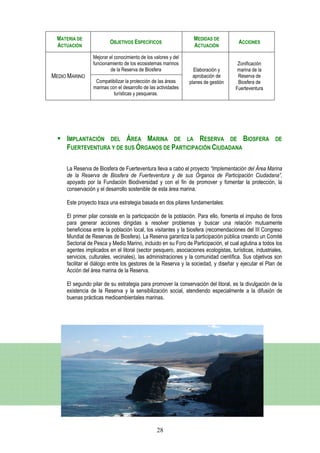 MATERIA DE                                                       MEDIDAS DE
                         OBJETIVOS ESPECÍFICOS                                        ACCIONES
 ACTUACIÓN                                                        ACTUACIÓN
                 Mejorar el conocimiento de los valores y del
                 funcionamiento de los ecosistemas marinos                           Zonificación
                          de la Reserva de Biosfera               Elaboración y      marina de la
MEDIO MARINO                                                      aprobación de      Reserva de
                  Compatibilizar la protección de las áreas     planes de gestión    Biosfera de
                 marinas con el desarrollo de las actividades                       Fuerteventura
                           turísticas y pesqueras.




     IMPLANTACIÓN DEL ÁREA MARINA DE LA RESERVA DE BIOSFERA                                            DE
     FUERTEVENTURA Y DE SUS ÓRGANOS DE PARTICIPACIÓN CIUDADANA

     La Reserva de Biosfera de Fuerteventura lleva a cabo el proyecto “Implementación del Área Marina
     de la Reserva de Biosfera de Fuerteventura y de sus Órganos de Participación Ciudadana”,
     apoyado por la Fundación Biodiversidad y con el fin de promover y fomentar la protección, la
     conservación y el desarrollo sostenible de esta área marina.

     Este proyecto traza una estrategia basada en dos pilares fundamentales:

     El primer pilar consiste en la participación de la población. Para ello, fomenta el impulso de foros
     para generar acciones dirigidas a resolver problemas y buscar una relación mutuamente
     beneficiosa entre la población local, los visitantes y la biosfera (recomendaciones del III Congreso
     Mundial de Reservas de Biosfera). La Reserva garantiza la participación pública creando un Comité
     Sectorial de Pesca y Medio Marino, incluido en su Foro de Participación, el cual aglutina a todos los
     agentes implicados en el litoral (sector pesquero, asociaciones ecologistas, turísticas, industriales,
     servicios, culturales, vecinales), las administraciones y la comunidad científica. Sus objetivos son
     facilitar el diálogo entre los gestores de la Reserva y la sociedad, y diseñar y ejecutar el Plan de
     Acción del área marina de la Reserva.

     El segundo pilar de su estrategia para promover la conservación del litoral, es la divulgación de la
     existencia de la Reserva y la sensibilización social, atendiendo especialmente a la difusión de
     buenas prácticas medioambientales marinas.




                                                 28
 