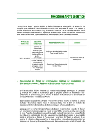 FUNCIÓN DE APOYO LOGÍSTICO

La Función de Apoyo Logístico respalda y alenta actividades de investigación, de educación, de
formación y de observación permanente relacionadas con las actividades de interés local, nacional y
mundial encaminadas a la conservación y el desarrollo sostenible. Las actuaciones realizadas por la
Reserva de Biosfera de Fuerteventura englobadas en esta función básica son descritas diferenciando
entre materia de actuación, objetivos específicos, medidas de actuación y acciones/contenidos



     MATERIA DE           OBJETIVOS
                                                     MEDIDAS DE ACTUACIÓN                 ACCIONES
     ACTUACIÓN           ESPECÍFICOS
                          Disponer del
                         conocimiento
                        adecuado para
                                               Programa de Investigación sobre la
                       mejorar la eficacia
                                                     Reserva de la Biosfera
                       de las medidas de
                            gestión y
                         conservación                                               Profundizar en áreas de
   INVESTIGACIÓN                                                                         investigación
                      Facilitar el acceso al
                        conocimiento, la
                       divulgación de los      Creación del Observatorio sobre el
                       principales valores              Cambio Global
                        de la Reserva de
                             Biosfera




    PROFUNDIZAR EN ÁREAS DE INVESTIGACIÓN: SISTEMA DE INDICADORES                                       DE
    SOSTENIBILIDAD PARA LA RESERVA DE BIOSFERA DE FUERTEVENTURA


    El 18 de octubre del 2009 fue concedida una beca de investigación por la Consejería de Educación
    y Juventud del Cabildo de Fuerteventura para el proyecto “Sistema de Indicadores Socio-
    ambientales de Sostenibilidad para la Reserva de Biosfera de Fuerteventura” a la Licenciada en
    Ciencias Ambientales Yanira Cáceres Arocha.

    Esta beca de investigación fue autorizada por el coordinador de la Reserva de Biosfera, D. Antonio
    Gallardo, y desarrollada entre los meses de octubre de 2009 y mayo de 2010 con el objetivo de
    establecer un Sistema de Indicadores de Sostenibilidad para la Reserva de Biosfera.

    La designación de Fuerteventura como Reserva de Biosfera lleva implícita la necesidad de diseñar
    un sistema de indicadores que permita evaluar la sostenibilidad ambiental, social y económica de
    la zona. Para ello, el estudio de investigación incluyó la realización de una revisión bibliográfica de
    los indicadores analizados por diferentes organizaciones, seguida de un estudio de la percepción
    social de la Reserva de Biosfera de Fuerteventura y un análisis DAFO para la aplicación de un
    sistema de indicadores. La propuesta final de áreas temáticas e indicadores de sostenibilidad fue
    posible previa al consenso de un panel de expertos. La recogida de datos constituyó la parte más



                                                34
 