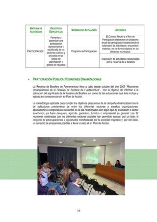 MATERIA DE        OBJETIVOS
                                        MEDIDAS DE ACTUACIÓN                       ACCIONES
  ACTUACIÓN        ESPECÍFICOS

                      Fomentar y                                         El Consejo Rector y el foro de
                    garantizar una                                   Participación elaborarán un programa
                     participación                                   anual de participación estableciendo el
                   representativa y                                  calendario de actividades, encuentros
                  equilibrada de los                                 materias, etc de forma rotatoria en los
PARTICIPACIÓN    sectores públicos y
                                        Programa de Participación            diferentes municipios.
                    privados en las
                       tareas de                                     Exposición de actividades relacionadas
                    planificación y                                      con la Reserva de la Biosfera
                 gestión de recursos




    PARTICIPACIÓN PÚBLICA: REUNIONES DINAMIZADORAS
    La Reserva de Biosfera de Fuerteventura lleva a cabo desde octubre del año 2009 “Reuniones
    Dinamizadoras de la Reserva de Biosfera de Fuerteventura”, con el objetivo de informar a la
    población del significado de la Reserva de Biosfera así como de las actuaciones que ésta incluye y
    ejecuta en consonancia con su Plan de Acción.

    La metodología aplicada para cumplir los objetivos propuestos de la campaña dinamizadora fue la
    de seleccionar previamente de entre los diferentes sectores a aquellas organizaciones,
    asociaciones o cooperativas existentes en la isla relacionadas con algún tipo de asociación o sector
    económico, ya fuera pesquero, agrícola, ganadero, turístico o empresarial en general. Las 22
    reuniones celebradas con los diferentes sectores sociales han permitido evaluar, por un lado, el
    conjunto de preocupaciones e inquietudes manifestadas por la sociedad majorera y, por otro lado,
    un conjunto de propuestas posibles a llevar a cabo el en Plan de Acción.




                                             39
 