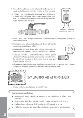 9. Conecta los tubos de abasto a la salida de los puntos de
          agua, tanto fría como caliente. Emplea la llave francesa.
       10. Coloca cinta de teflón a las salidas de agua de la terma
          y, luego, una válvula de compuerta a la entrada de agua
          fría. Las uniones deben quedar bien selladas para evitar
          fugas o filtraciones de agua.



                                                                              Punto de    Punto de
                                                                            agua caliente agua fría




       11. Instala en la salida de agua caliente de la terma la válvula de seguridad y, después,
           la válvula esférica.
       12. Coloca un niple galvanizado a la salida de las válvulas de
           compuerta con cinta de teflón.
       13. Conecta los tubos de abasto a las salidas de los niples de
           la válvula de compuerta. Utiliza llaves francesa y Stillson.
       14. Antes de conectar la corriente eléctrica, verifica que el
           abastecimiento de agua esté funcionando correctamente.
           La válvula de compuerta debe estar abierta para que
           ingrese agua a la terma.
       15. Después de unos minutos abre la salida de agua caliente y obtendrás agua caliente.
           Así puedes asegurar que se ha realizado una buena instalación.




                                 evaluando mis aprendizajes

       ■       Instala en forma práctica una terma eléctrica.


           Sugerencias metodológicas:
           ■    Muestra una terma eléctrica y pregunta a los estudiantes si saben cómo
                instalarla.
           ■    Realiza un gráfico de la instalación eléctrica de una terma en la pizarra.
           ■    Explica el procedimiento de la instalación eléctrica de la terma.
           ■    Evalúa los procesos que siguen los estudiantes para realizar la instalación.



36   Instalación de terma eléctrica
 