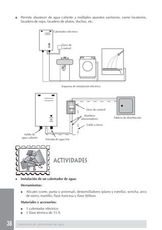 ■     Permite abastecer de agua caliente a múltiples aparatos sanitarios, como lavatorios,
           lavadero de ropa, lavadero de platos, duchas, etc.

                                    Calentador eléctrico



                                           Llave de
                                           control




                                           Esquema de instalación eléctrica




                                                               Llave de control

                                                              Alambres
                                                           alimentadores          Tablero de distribución

                                                               Cable a tierra


             Salida de
           agua caliente
                              Entrada de agua fría




                                    actividades

     ◆     Instalación de un calentador de agua:
           Herramientas:
           ■   Alicates (corte, punta y universal), destornilladores (plano y estrella), wincha, arco
               de sierra, martillo, llave francesa y llave Stillson
           Materiales y accesorios:
           ■   1 calentador eléctrico
           ■   1 llave térmica de 15 A


38       Instalación de calentadores de agua
 