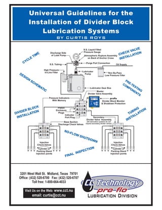 Universal Guidelines for the
Divider Block
Lubrication Systems
Installation of
BY CURTIS ROYS
Atmospheric Rupture Assembly
on Back of Anchor Cross
S.S. Tubing
S.S. Liquid Filled
Pressure Gauge
Purge Port Connection
Lubricator Gear Box
Pressure Indicators
With Memory
Lubricator
Pump Non By-Pass
Low Pressure Filter
Master
Divider Valve Assembly
proflo
Divider Block Monitor
& Shutdown Protection
Oil Supply
Indicator
Port Plug
Piston
Enclosure
Plugs
Discharge Side
of Lube Pump
High Pressure
In-Line Filter
Injection
Check Valves
Cylinder or
Packing Gland
Injection points
Cylinder or
Packing Gland
Injection points
Injection
Check Valves
Secondary
Divider Valve Assembly
(All lubrication systems do not
require secondary divider valves)
Base Section
Discharge Check Valves
Set
Mode
T
C
C "PROTECTING COMPRESSORS WORLD WIDE"
Midland, Texas 1-800-664-4033
C. C. Technology Inc.
prO
flOCLASS I, DIV II
Groups A,B,C,D
NRTL/C
IrDA PORT
AVG 20
R
M o d e l - P F 1
US Copyright Registered 2001
500
1000
1500
2000
2500
3000II
IIIIIIII
IIIIIIIII
IIIIIIIII
IIII
IIIIIIII
IIIIIIIII
IIIIIIIII
II
T
C
C
CYCLE
TIME
DESIGN
SCHEMATIC
PRE-TESTING
COMPONENTS
PRE-TESTING
COMPONENTS
FINAL INSPECTION
DIVIDER BLOCK
INSTALLATION
DIVIDER BLOCK
INSTALLATION
TUBING
INSTALLATION
TUBING
INSTALLATION
CHECK VALVE
INSTALLATIONCHECK VALVE
INSTALLATION
NO-FLOW SHUTDOWN
3201 West Wall St. Midland, Texas 79701
Office: (432) 520-6700 Fax: (432) 520-6707
Toll free: 1-800-664-4033
Visit Us on the Web: www.cct.nu
email: curtis@cct.nu
 