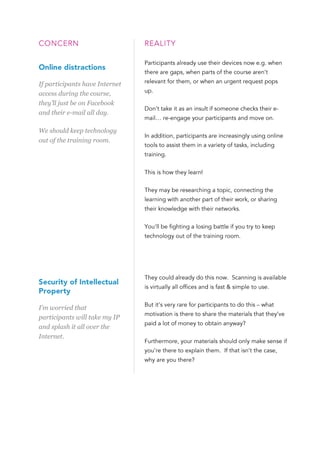 If participants have Internet
access during the course,
they’ll just be on Facebook
and their e-mail all day.
We should keep technology
out of the training room.
I’m worried that
participants will take my IP
and splash it all over the
Internet.
 