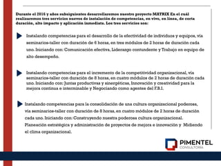Instalando competencias para el incremento de la competitividad organizacional, vía
seminarios-taller con duración de 8 horas, en cuatro módulos de 2 horas de duración cada
uno. Iniciando con: Juntas productivas y sinergéticas, Innovación y creatividad para la
mejora continua e interminable y Negociando como agentes del F.B.I.  
Instalando competencias para el desarrollo de la efectividad de individuos y equipos, vía
seminarios-taller con duración de 6 horas, en tres módulos de 2 horas de duración cada
uno. Iniciando con: Comunicación efectiva, Liderazgo contundente y Trabajo en equipo de
alto desempeño. 
Instalando competencias para la consolidación de una cultura organizacional poderosa,
vía seminarios-taller con duración de 8 horas, en cuatro módulos de 2 horas de duración
cada uno. Iniciando con: Construyendo nuestra poderosa cultura organizacional.
Planeación estratégica y administración de proyectos de mejora e innovación y  Midiendo
el clima organizacional.
Durante el 2016 y años subsiguientes desarrollaremos nuestro proyecto MATRIX En el cuál
realizaremos tres servicios nuevos de instalación de competencias, en vivo, en línea, de corta
duración, alto impacto y aplicación inmediata. Los tres servicios son:
 
