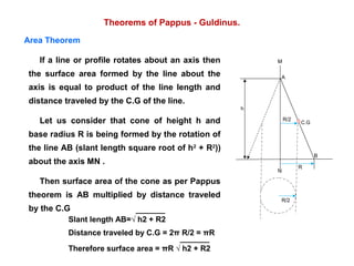 Area Theorem
If a line or profile rotates about an axis then
the surface area formed by the line about the
axis is equal to product of the line length and
distance traveled by the C.G of the line.
Let us consider that cone of height h and
base radius R is being formed by the rotation of
the line AB (slant length square root of h2
+ R2
))
about the axis MN .
Then surface area of the cone as per Pappus
theorem is AB multiplied by distance traveled
by the C.G
M
N
B
A
R
R/2
R/2
C.G
h
Slant length AB=√ h2 + R2
Distance traveled by C.G = 2π R/2 = πR
Therefore surface area = πR √ h2 + R2
Theorems of Pappus - Guldinus.
 