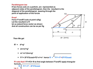 R2
= d2
+g2
= (m+n)2
+g2
= m2
+n2
+2mn+g2
= F12
+ 2F1F2cosά+F22
-n2
+n2
hence R = F12
+ F2
+2F1F2cosά
Pl note that if F1=F2= R to find angle between F1andF2 apply triangular
formula
i.e. =
Parallelogram law
If two forces acts on a particle ,are represented as
adjacent sides of the parallelogram, then the resultant is the
diagonal of the parallelogram passing through the
point of application of the forces
Proof
Force F1andF2 acts at point o(fig)
Let the resultant is R
let us extend force vector as shown
And all construction can be as per fig
R = F12
+ F2
- 2F1F2cosά
F2
F1
R
m n
d= (m+n)
g
ά ά
F2
o
Then We get
 
