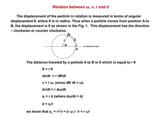 The displacement of the particle in rotation is measured in terms of angular
displacement θ, where θ is in radins. Thus when a particle moves from position A to
B, the displacement is θ as shown in the Fig. 1. This displacement has the direction
– clockwise or counter clockwise.
S
B
A
θ Reference Axis
r
The distance traveled by a particle A to B is S which is equal to r θ
S = r θ
ds/dt = r dθ/dt
v = r ω, (since dθ/ dt = ω)
dv/dt = r dω/dt
at
= r ά (where dω/dt = ά)
ά = at
/r
we know that an
= v2
/r = (r ω )2
/r = r ω2
Relation between ω, v, r and ά
 