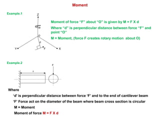 F
d
Where
‘d' is perpendicular distance between force ‘F’ and to the end of cantilever beam
‘F’ Force act on the diameter of the beam where beam cross section is circular
M = Moment
Moment of force M = F X d
Z
Y XF
d
O
Moment of force “F” about “O” is given by M = F X d
Where “d” is perpendicular distance between force “F” and
point “O”
M = Moment, (force F creates rotary motion about O)
Example.1
Example.2
Moment
 