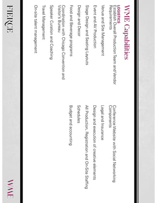 FIERCE
LOGISTICS
EstablishOverallProductionTeamandVendor
Requirements
VenueandSiteManagement
EventandAVProduction
StageDesignandSeatingLayouts
DesignandDecor
FoodandBeverageprograms
CoordinationwithChicagoConventionand
Visitor’sBureau
SpeakerCurationandCoaching
TravelManagement
On-sitetalentmanagement
ConferenceWebsitewithSocialNetworking
Components
LegalandInsurance
Designandexecutionofcreativeelements
AllProduction,RegistrationandOn-SiteStaffing
Schedules
Budgetandaccounting
WMECapabilities
 