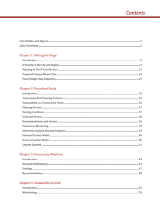 List of Tables and Figures ............................................................................................................................................................................1 
List of Acronyms...............................................................................................................................................................................................3 
 
Chapter 1: Setting the Stage 
Introduction..................................................................................................................................................................................................5 
D’Youville in the City and Region........................................................................................................................................................9 
Planning in The D’Youville Area .......................................................................................................................................................21 
Proposed Campus Master Plan..........................................................................................................................................................24 
Peace Bridge Plaza Expansion...........................................................................................................................................................29 
 
Chapter 2: Precedent Study 
Introduction ..............................................................................................................................................................................................33 
Town‐Gown Best Planning Practices .............................................................................................................................................33 
Sustainability as a Community Vision ...........................................................................................................................................36 
Planning Process .....................................................................................................................................................................................37 
Existing Conditions ................................................................................................................................................................................37 
Goals and Visions ....................................................................................................................................................................................38 
Recommendations and Actions ........................................................................................................................................................38 
Continuous Monitoring ........................................................................................................................................................................39 
University‐Assisted Housing Programs ........................................................................................................................................39 
Financial Partner Model ......................................................................................................................................................................40 
Service Provider Model ........................................................................................................................................................................40 
Lessons Learned  .....................................................................................................................................................................................41 
 
Chapter 3: Community Relations 
Introduction...............................................................................................................................................................................................43 
Research Methodology..........................................................................................................................................................................44 
Findings .......................................................................................................................................................................................................47 
Recommendations ..................................................................................................................................................................................50 
 
Chapter 4: Sustainable Growth 
Introduction...............................................................................................................................................................................................55 
Methodology..............................................................................................................................................................................................55 
Contents
 