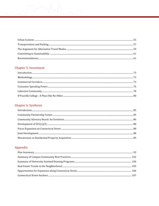 Urban Context...........................................................................................................................................................................................55 
Transportation and Parking...............................................................................................................................................................57 
The Argument for Alternative Travel Modes..............................................................................................................................59 
Committing to Sustainability .............................................................................................................................................................61 
Recommendations..................................................................................................................................................................................61 
 
Chapter 5: Investment 
     Introduction...............................................................................................................................................................................................73 
Methodology..............................................................................................................................................................................................73 
Commercial Corridors...........................................................................................................................................................................73 
Consumer Spending Power.................................................................................................................................................................76 
Lakeview Community............................................................................................................................................................................78 
D’Youville College ‐ A Place like No Other....................................................................................................................................80 
 
Chapter 6: Synthesis 
Introduction...............................................................................................................................................................................................85 
Community Partnership Center........................................................................................................................................................85 
Community Advisory Board: An Evolution..................................................................................................................................86 
Development of 501(c)(3) ..................................................................................................................................................................88 
Focus Expansion on Connecticut Street........................................................................................................................................88 
Joint Development ..................................................................................................................................................................................88 
Moratorium on Residential Property Acquisition....................................................................................................................89 
 
Appendix 
Plan Inventory..........................................................................................................................................................................................92 
Summary of Campus‐Community Best Practices................................................................................................................... 102 
Summary of University Assisted Housing Programs............................................................................................................ 104 
Real Estate Trends in the Neighborhood................................................................................................................................... 105 
Opportunities for Expansion along Connecticut Street....................................................................................................... 106 
Connecticut Street Anchors............................................................................................................................................................. 107 
 
 
 