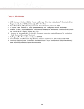 Chapter 3 Endnotes 
 
1.  Gilderbloom, J.I. & Mullins, R. (2005.)  Promise and Betrayal: Universities and the Battle for Sustainable Urban 
Neighborhoods. Albany NY: State University of New York Press. 
2.  Sister Denise Roche, D’Youville College President.  Personal Interview, October 22 2008. 
3.  D'Youville. (2008, February 21). Better by Degrees Survey. (o. b. The Regional Institute, Interviewer 
4.  McNabb, D. (2002). Research Methods in Administrative and Nonprofit Management. Quantitative and Qualita­
tive Approaches., M.E.Sharpre, Armonk, New York. 
5.  Romanos, M., Edelman, D., & Arefi, M. (2006). Community Interactions and Collaborations Peer Institutional 
Study. Cincinnati: University of Cincinnati. 
6.  Father James Fee.  Personal Interview. October 30 2008. 
7.  Councilmember David Rivera and Staff.  Personal Interviews.  September 10 2008 and October 14 2008 
8.  University at Buffalo (2008). UB Neighbor: News for the South Campus Neighborhood. Retrieved from http://
www.buffalo.edu/community/impact_neighbors.html 
 
54
 