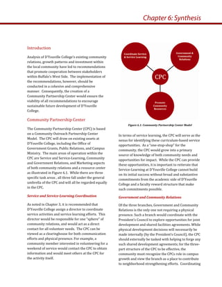 In terms of service learning, the CPC will serve as the 
nexus for identifying these curriculum‐based service 
opportunities.  As a “one‐stop‐shop” for the 
community, the CPC would grow into a primary 
source of knowledge of both community needs and 
opportunities for impact.  While the CPC can provide 
these opportunities, it is important to reiterate that 
Service‐Learning at D’Youville College cannot build 
on its initial success without broad and substantive 
commitments from the academic side of D’Youville 
College and a faculty reward structure that make 
such commitments possible. 
Government and Community Relations  
Of the three branches, Government and Community 
Relations is the only one not requiring a physical 
presence. Such a branch would coordinate with the 
President’s Council to explore opportunities for joint 
development and shared facilities agreements. While 
physical development decisions will necessarily be 
made internally (by the President’s Council), the CPC 
should externally be tasked with helping to forge any 
such shared development agreements; for the three‐
part structure of the CPC to be effective, the 
community must recognize the CPCs role in campus 
growth and view the branch as a place to contribute 
to neighborhood strengthening efforts.  Coordinating 
Introduction 
Analysis of D’Youville College’s existing community 
relations, growth patterns and investment within 
the local community have led to recommendations 
that promote cooperation between stakeholders 
within Buffalo’s West Side.  The implementation of 
the recommendations, however, should be 
conducted in a cohesive and comprehensive 
manner.  Consequently, the creation of a  
Community Partnership Center would ensure the 
viability of all recommendations to encourage 
sustainable future development of D’Youville 
College. 
Community Partnership Center 
The Community Partnership Center (CPC) is based 
on a Community Outreach Partnership Center 
Model.  The CPC will draw on existing assets at 
D’Youville College, including the Office of 
Government Grants, Public Relations, and Campus 
Ministry.  The main areas of operation within the 
CPC are Service and Service‐Learning, Community 
and Government Relations, and Marketing aspects 
of both community relations and a resource center 
as illustrated in Figure 6.1.  While there are three 
specific task areas , all three fall under the general 
umbrella of the CPC and will all be regarded equally 
in the CPC.   
Service and Service­Learning Coordination 
As noted in Chapter 3, it is recommended that 
D’Youville College assign a director to coordinate 
service activities and service learning efforts.  This 
director would be responsible for one “sphere” of 
community relations, and would act as a direct 
contact for all volunteer needs.  The CPC can be 
viewed as a clearinghouse for both communication 
efforts and physical presence. For example, a 
community member interested in volunteering for a 
weekend of service would contact the CPC to obtain 
information and would meet others at the CPC for 
the activity itself.   
Chapter 6: Synthesis
Figure 6.1: Community Partnership Center Model 
 