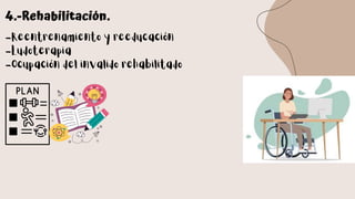 4.-Rehabilitación.
-Reentrenamiento y reeducación
-Ludoterapia
-Ocupación del invalido rehabilitado
 