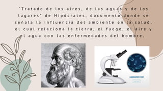 C O N O C E N O S


" T r a t a d o d e l o s a i r e s , d e l a s a g u a s y d e l o s
l u g a r e s " d e H i p ó c r a t e s , d o c u m e n t o d o n d e s e
s e ñ a l a l a i n f l u e n c i a d e l a m b i e n t e e n l a s a l u d ,
e l c u a l r e l a c i o n a l a t i e r r a , e l f u e g o , e l a i r e y
e l a g u a c o n l a s e n f e r m e d a d e s d e l h o m b r e .
 