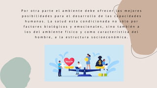 P o r o t r a p a r t e e l a m b i e n t e d e b e o f r e c e r l a s m e j o r e s
p o s i b i l i d a d e s p a r a e l d e s a r r o l l o d e l a s c a p a c i d a d e s
h u m a n a s . L a s a l u d e s t a c o n d i c i o n a d a n o s ó l o p o r
f a c t o r e s b i o l ó g i c o s y e m o c i o n a l e s , s i n o t a m b i é n a
l o s d e l a m b i e n t e f í s i c o y c o m o c a r a c t e r í s t i c a d e l
h o m b r e , a l a e s t r u c t u r a s o c i o e c o n ó m i c a .
C O N O C E N O S


 