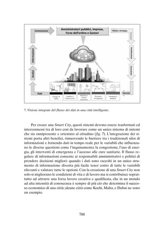 7. Visione integrate del flusso dei dati in una città intelligente.

Per creare una Smart City, questi sistemi devono essere trasformati ed
interconnessi tra di loro così da lavorare come un unico sistema di sistemi
che sia onnipresente e orientato al cittadino (fig. 7). L’integrazione dei sistemi porta altri benefici, rimuovendo le barriere tra i tradizionali silos di
informazioni e fornendo dati in tempo reale per le variabili che influenzano le diverse questioni come l’inquinamento, la congestione, l’uso di energia, gli interventi di emergenza e l’accesso alle cure sanitarie. Il flusso regolare di informazioni consente ai responsabili amministrativi e politici di
prendere decisioni migliori: quando i dati sono raccolti in un unico strumento di informazione diventa più facile tener conto di tutte le variabili
rilevanti e valutare tutte le opzioni. Con la creazione di una Smart City non
solo si migliorano le condizioni di vita e di lavoro ma si contribuisce soprattutto ad attrarre una forza lavoro creativa e qualificata, che in un mondo
ad alta intensità di conoscenza è sempre di più ciò che determina il successo economico di una città; alcune città come Kochi, Malta, e Dubai ne sono
un esempio.

788

 