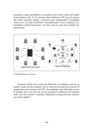 lizzazione, sempre più globali e accessibili ad uno strato sempre più ampio
di popolazione (fig. 9). L’evoluzione dal mainframe al PC per poi passare
allo smart computer ubiquo e pervasivo, pur perpetuando il paradigma
client-server, in realtà ha portato a incredibili passi avanti in quanto a sostenibilità e democratizzazione, e le smart cities ne sono una eccellente dimostrazione.

9. Dal Mainframe al Cloud.

In questa visione non ci sono più differenze tra computer usati da un
umano o usati da altri computer, né tra i dati provenienti da un sensore di
temperatura, da un sensore di CO2 o da qualunque altro dispositivo smart.
È l’utilizzo che se ne farà che ne farà emergere la differenza. È l’internet
delle cose, dove umani e macchine collaborano e cooperano per costruire
un mondo migliore.

794

 