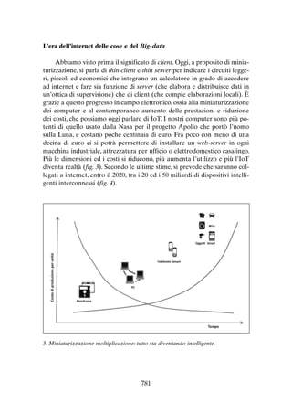 L’era dell’internet delle cose e del Big-data
Abbiamo visto prima il significato di client. Oggi, a proposito di miniaturizzazione, si parla di thin client e thin server per indicare i circuiti leggeri, piccoli ed economici che integrano un calcolatore in grado di accedere
ad internet e fare sia funzione di server (che elabora e distribuisce dati in
un’ottica di supervisione) che di client (che compie elaborazioni locali). È
grazie a questo progresso in campo elettronico, ossia alla miniaturizzazione
dei computer e al contemporaneo aumento delle prestazioni e riduzione
dei costi, che possiamo oggi parlare di IoT. I nostri computer sono più potenti di quello usato dalla Nasa per il progetto Apollo che portò l’uomo
sulla Luna, e costano poche centinaia di euro. Fra poco con meno di una
decina di euro ci si potrà permettere di installare un web-server in ogni
macchina industriale, attrezzatura per ufficio o elettrodomestico casalingo.
Più le dimensioni ed i costi si riducono, più aumenta l’utilizzo e più l’IoT
diventa realtà (fig. 3). Secondo le ultime stime, si prevede che saranno collegati a internet, entro il 2020, tra i 20 ed i 50 miliardi di dispositivi intelligenti interconnessi (fig. 4).

3. Miniaturizzazione moltiplicazione: tutto sta diventando intelligente.

781

 