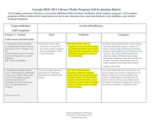 Georgia DOE 2011 Library Media Program Self-Evaluation Rubric
   All Exemplary programs will meet or exceed the definitions below for Basic, Proficient, and Exemplary programs. All Exemplary
   programs will have achieved the requirements set out in state education laws, state board policies, state guidelines, and selected
   National Standards.

       Target Indicators                                                                      Levels of Proficiency
         And Categories
Category 1 - Student                                   Basic                                 Proficient                                         Exemplary
Achievement and Instruction
1. Information Literacy Standards,        Information Literacy Skills         Information literacy skills are              The library media program fosters critical thinking
are integrated into content instruction    curriculum is comprised of           integrated into the curriculum through      skills and independent inquiry so students can
(Information Power; Principle 2; Pg.       basic library media orientation      the collaborative efforts of the Library    learn to choose reliable information and become
58)                                        skills and instruction on how        Media Specialist and teachers. Georgia      proactive and thoughtful users of information and
AASL Standards for the 21st-Century        to find information.                 Performance Standards are used as a         resources. The Library Media Specialist and
Learner are integrated into content                                             basis for teaching.                         classroom teacher collaborate using Georgia
instruction.                                                                                                                Performance Standards to plan and teach the units
(http://tinyurl.com/3q8dpa)                                                                                                 of study. The library media program uses the
                                                                                                                            AASL standards to help shape the learning of
                                                                                                                            students in the school

2. Collaborative planning includes        The Library Media Specialist        The Library Media Specialist                 The Library Media Specialist actively plans with
Library Media Specialists and teachers    participates in collaborative       encourages collaborative planning            and encourages every teacher to participate in the
to ensure use of library media center     planning when initiated by the      among teachers who are teaching units        design of instruction. Learning strategies and
resources' that support on-going          teacher.                            of similar content. The Library Media        activities for all students are designed with all
classroom instruction and                                                     Specialist is familiar with the Georgia      teachers who are willing to plan collaboratively.
implementation of state curriculum                                            Standards.org) web site and encourages       All students with diverse learning styles, abilities,
and the Georgia Performance                                                   teachers to use the resources available      and needs are included in collaborative plans.
Standards.                                                                    on GSO web page.



(lFBD 160-4-4-.01)




                                                                             Georgia Department of Education
                                                                              November 19,2010 Page I of 10
                                                                                   All Rights Reserved
 