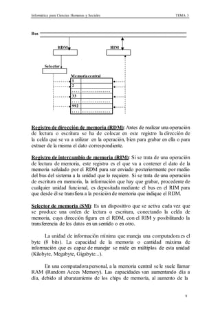 Informática para Ciencias Humanas y Sociales TEMA 3
9
Bus
RDM RIM
Selector
Memoriacentral
1
2
. . . . . . . . . . . . . . . . . .
33
. . . . . . . . . . . . . . . . . .
992
. . . . . . . . . . . . . . . . . .
Registro de dirección de memoria (RDM):Antes de realizar una operación
de lectura o escritura se ha de colocar en este registro la dirección de
la celda que se va a utilizar en la operación, bien para grabar en ella o para
extraer de la misma el dato correspondiente.
Registro de intercambio de memoria (RIM): Si se trata de una operación
de lectura de memoria, este registro es el que va a contener el dato de la
memoria señalado por el RDM para ser enviado posteriormente por medio
del bus del sistema a la unidad que lo requiere. Si se trata de una operación
de escritura en memoria, la información que hay que grabar, procedente de
cualquier unidad funcional, es depositada mediante el bus en el RIM para
que desde él se transfiera a la posición de memoria que indique el RDM.
Selector de memoria (SM): Es un dispositivo que se activa cada vez que
se produce una orden de lectura o escritura, conectando la celda de
memoria, cuya dirección figura en el RDM, con el RIM y posibilitando la
transferencia de los datos en un sentido o en otro.
La unidad de información mínima que maneja una computadoraes el
byte (8 bits). La capacidad de la memoria o cantidad máxima de
información que es capaz de manejar se mide en múltiplos de esta unidad
(Kilobyte, Megabyte, Gigabyte...).
En una computadorapersonal, a la memoria central se le suele llamar
RAM (Random Acces Memory). Las capacidades van aumentando día a
día, debido al abaratamiento de los chips de memoria, al aumento de la
 