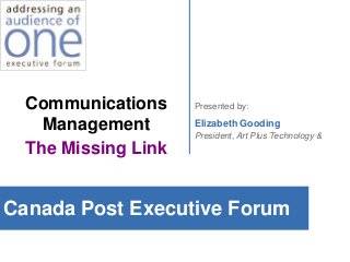 Canada Post Executive Forum
Communications
Management
The Missing Link
Presented by:
Elizabeth Gooding
President, Art Plus Technology &
 
